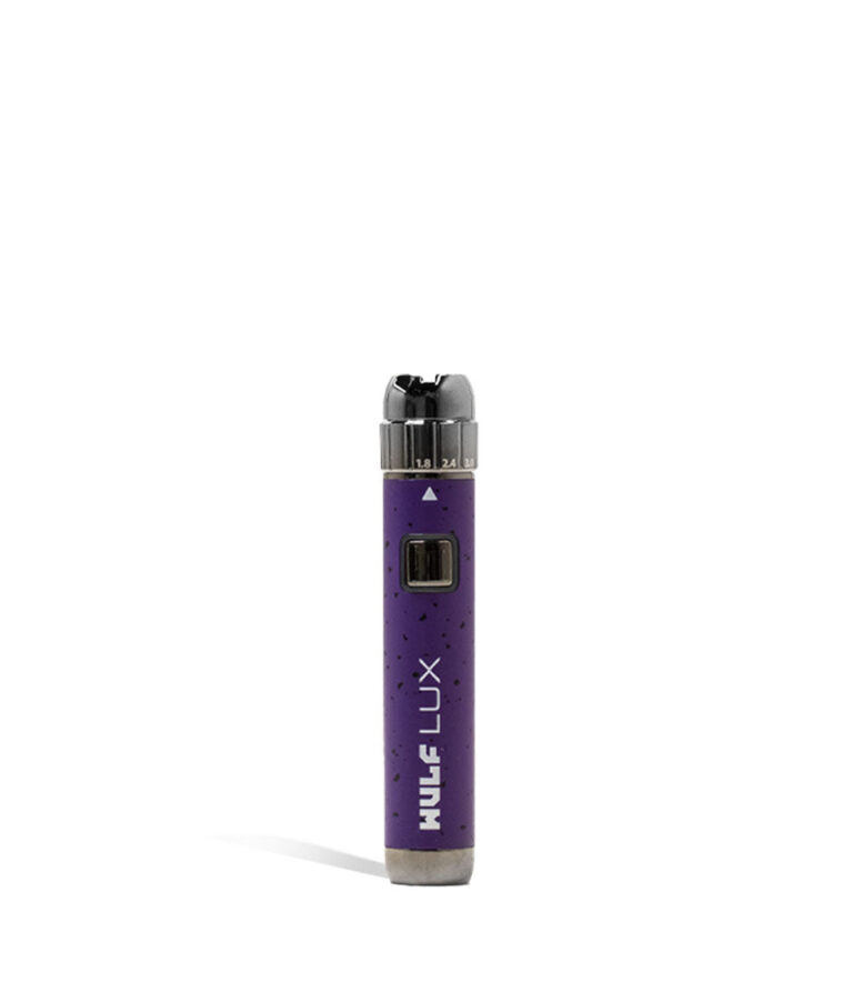 Purple Black Spatter Wulf Mods LUX 510 Thread Battery on white background