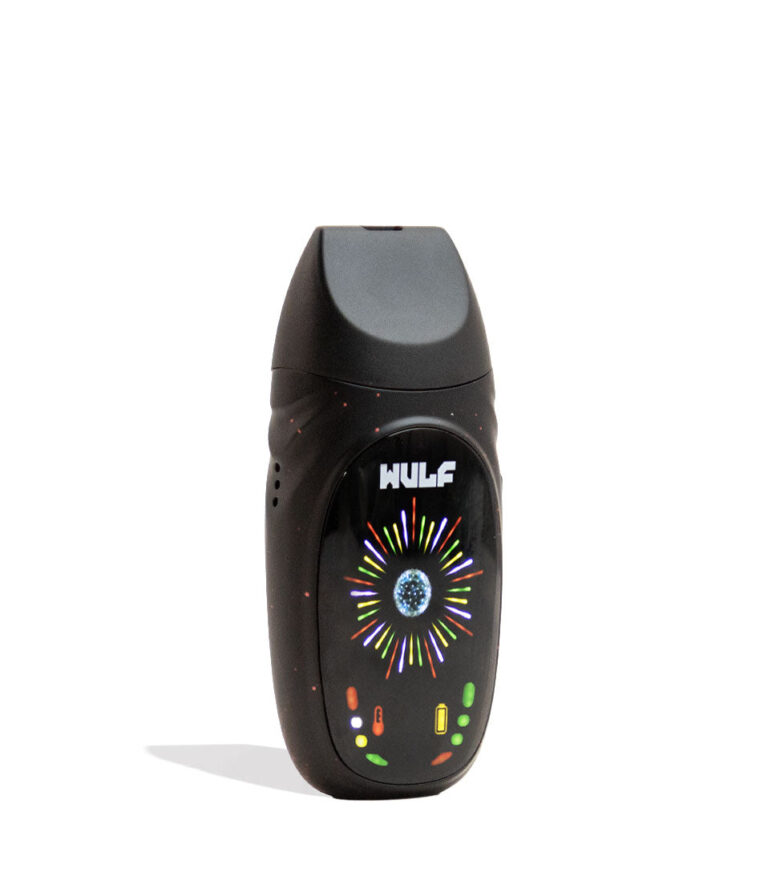 Black-Red Spatter Wulf Mods Faze Portable Dry Herb Vaporizer Angle View on White Background 