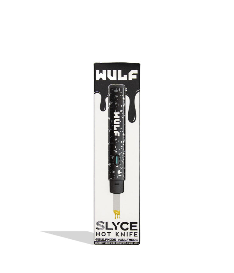 Wulf Slyce hot knife dab tool in black white spatter individual packaging on white background