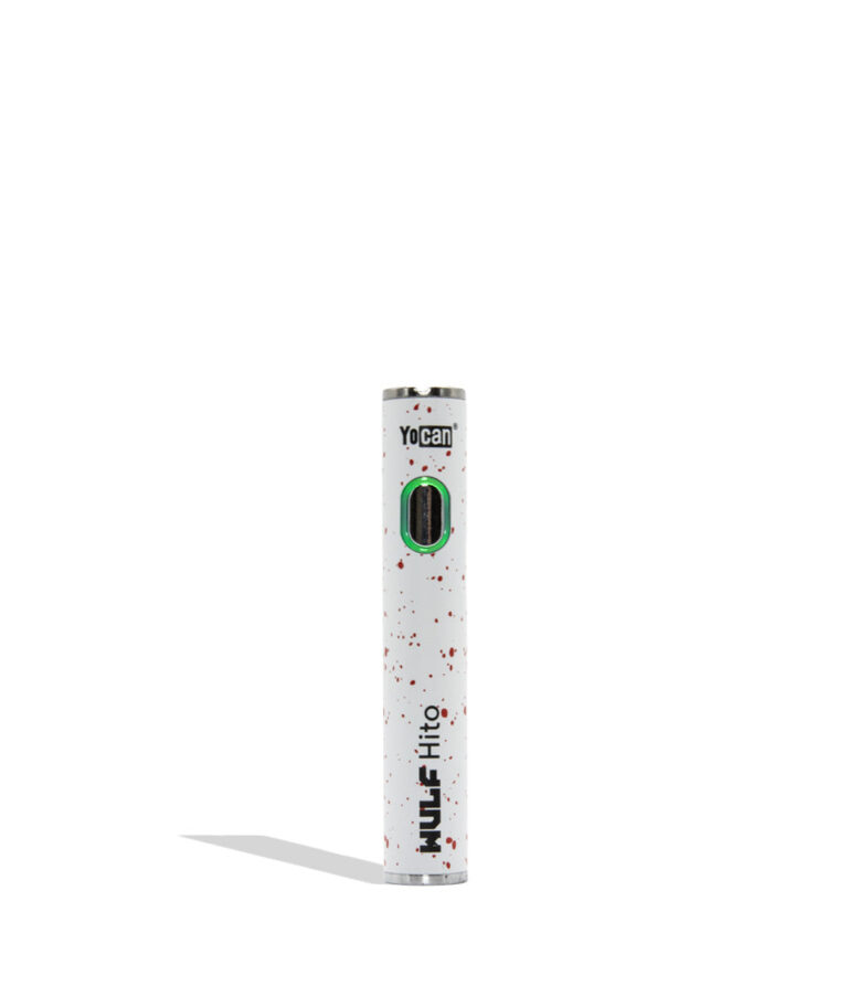 Yocan WULF Mods Hito vape device 510 battery with a glowing green power button, standing upright on a white background with a soft shadow. White red spatter color.
