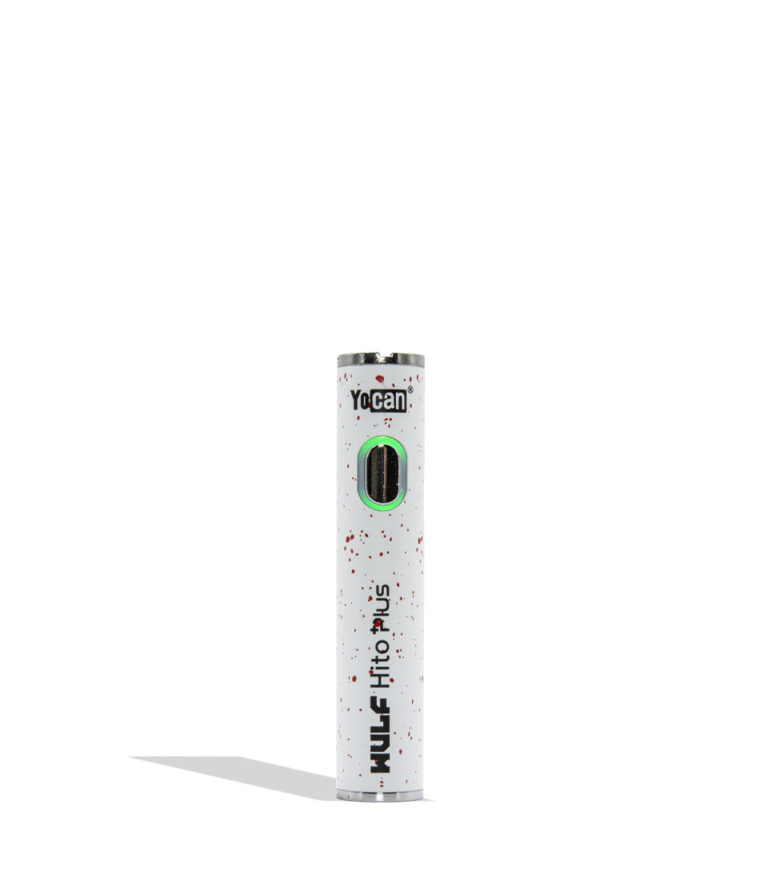 Yocan WULF Mods Hito Plus vape device 510 battery with a glowing green power button, standing upright on a white background with a soft shadow. WHite red spatter