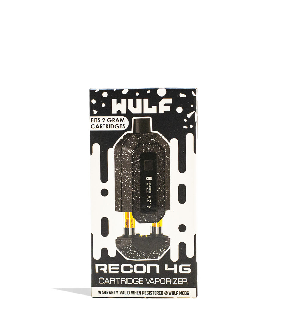 Black White Spatter Wulf Mods Recon 4g Dual 510 Thread Battery Packaging Front View on White Background