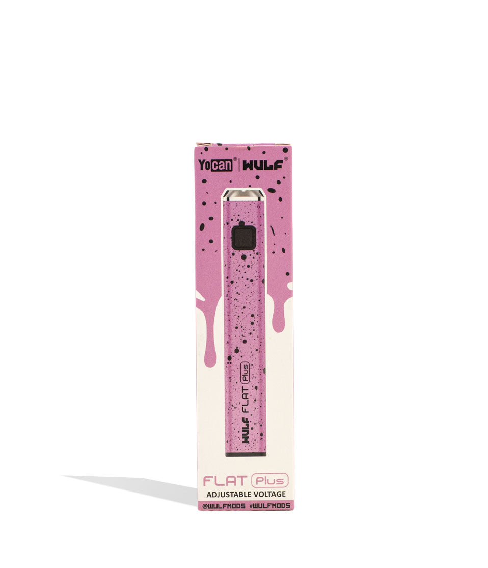 Pink Black Spatter packaging Wulf Mods Flat Plus Cartridge Battery on white background
