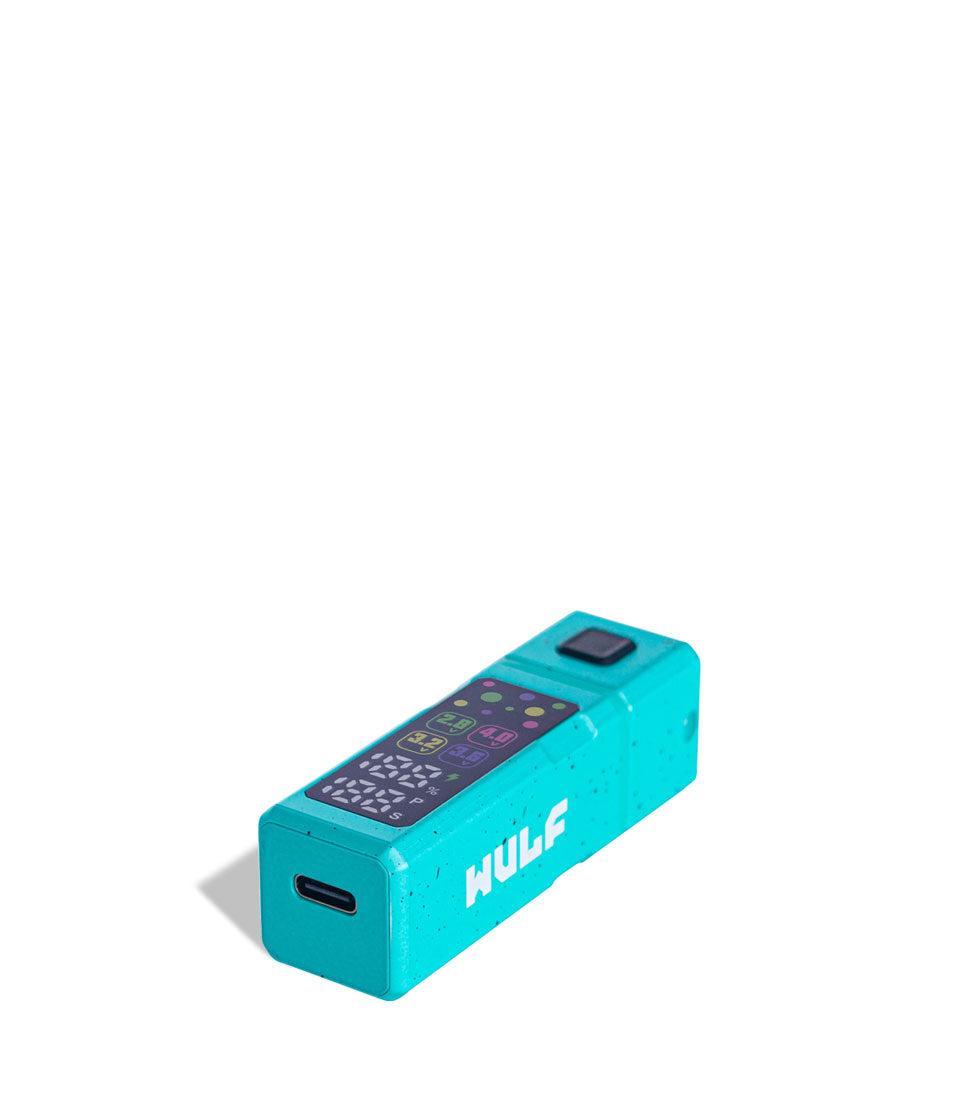 Teal Black Spatter Wulf Mods Grid 510 Variable Voltage Battery bottom view on white background