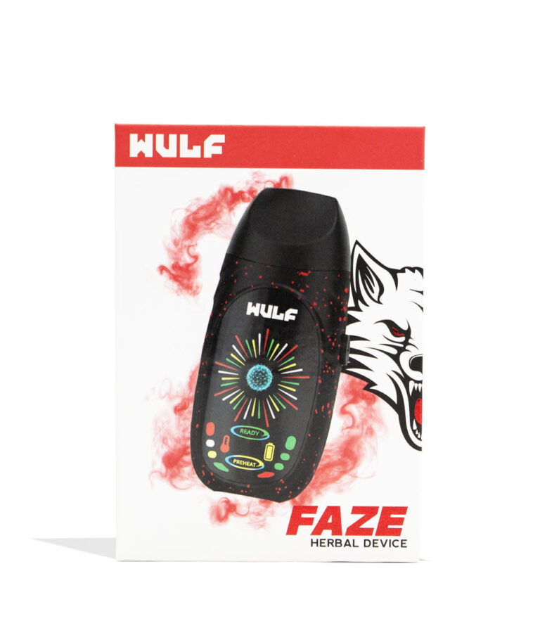 Black-Red Spatter Wulf Mods Faze Portable Dry Herb Vaporizer Packaging Front View on White Background