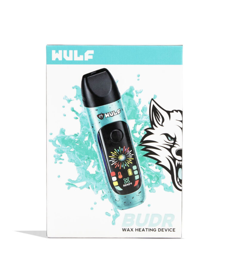 Teal-Black Spatter Wulf Mods Budr Portable Concentrate Vaporizer Packaging Front View on White Background