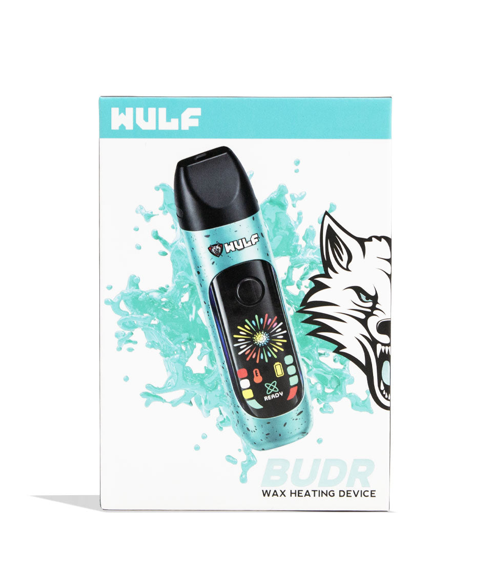 Teal-Black Spatter Wulf Mods Budr Portable Concentrate Vaporizer Packaging Front View on White Background