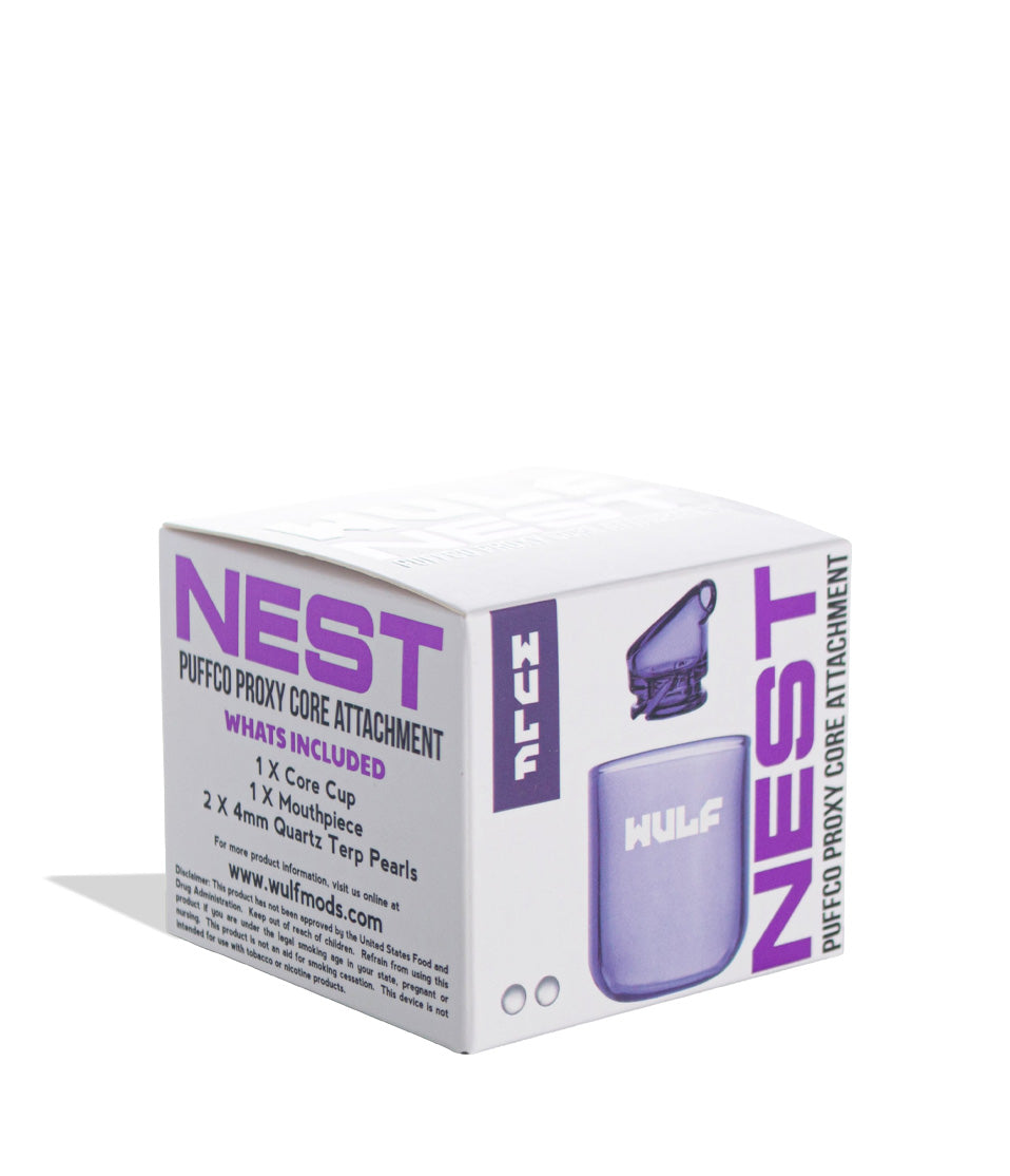 WULF Nest Puffco Proxy core attachment retail box in purple, side view