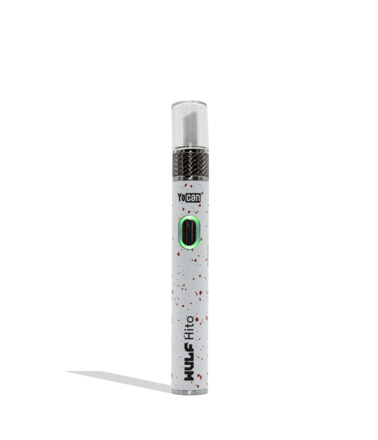 Yocan WULF Mods Hito Knife Kit device 510 battery with a glowing green power button, standing upright on a white background with a soft shadow. White red spatter