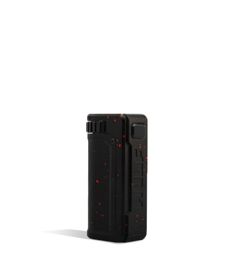 Black Red Spatter Wulf Mods UNI S Adjustable 510 Thread Battery Front View on White Background
