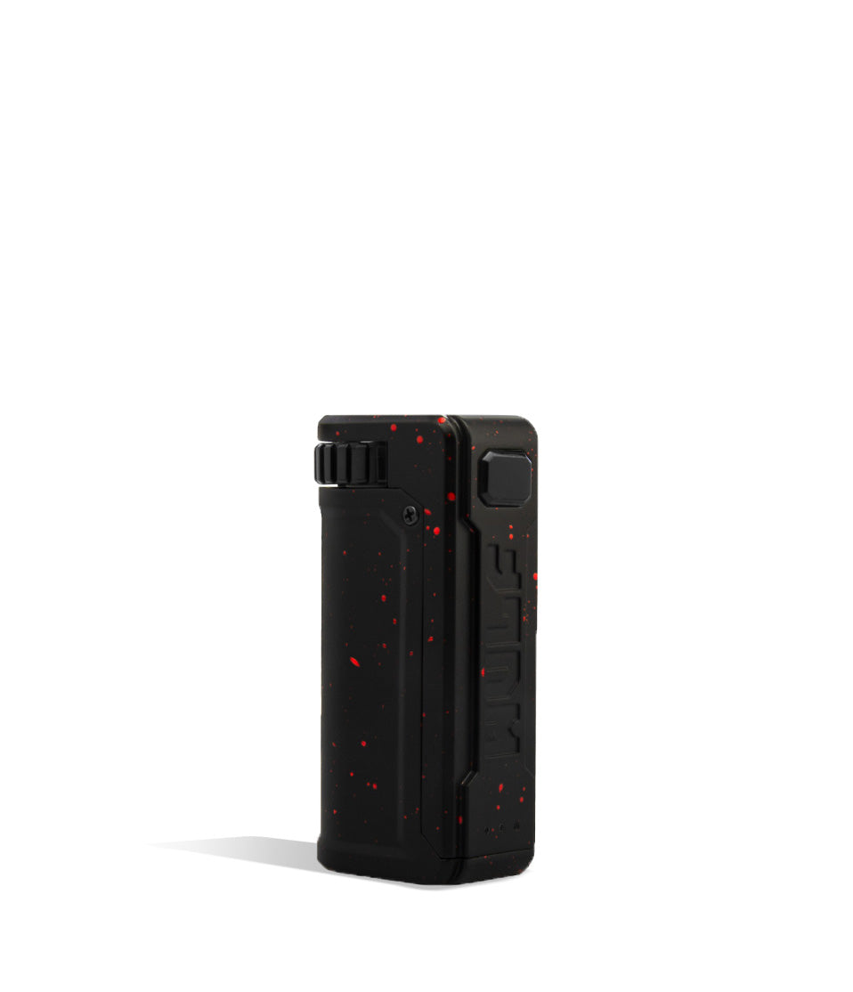 Black Red Spatter Wulf Mods UNI S Adjustable 510 Thread Battery Front View on White Background
