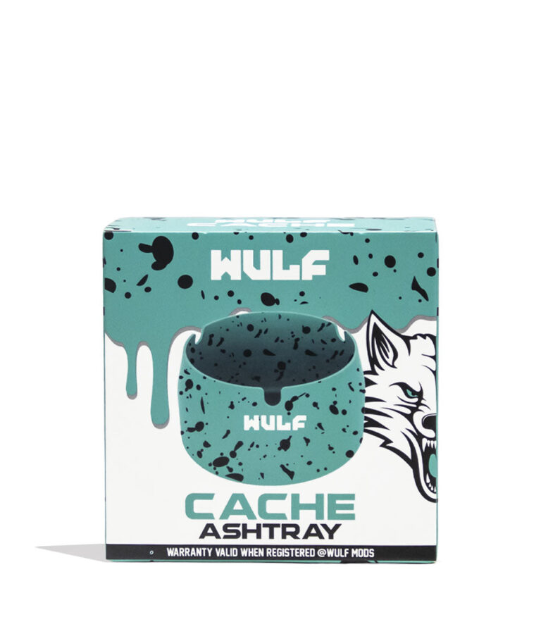 Teal Black Spatter Wulf Mods Cache Ashtray Packaging Front View on White Background
