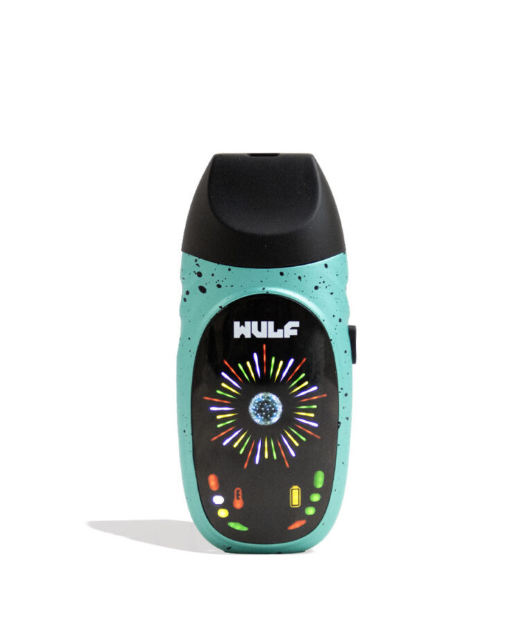 Teal-Black Spatter Wulf Mods Faze Portable Dry Herb Vaporizer Front View on White Background 