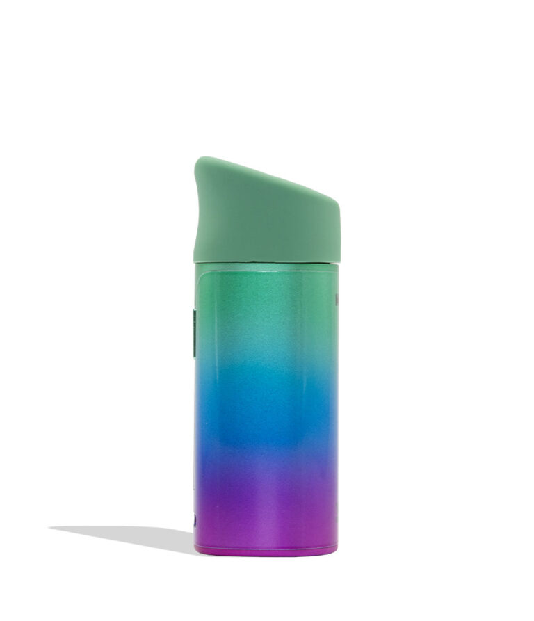 WULF MODS Pocket Mini portable concentrate vaporizer in full color gradient details, featuring a vertical rainbow LED indicator light on the side, shown against a plain white background. Side view