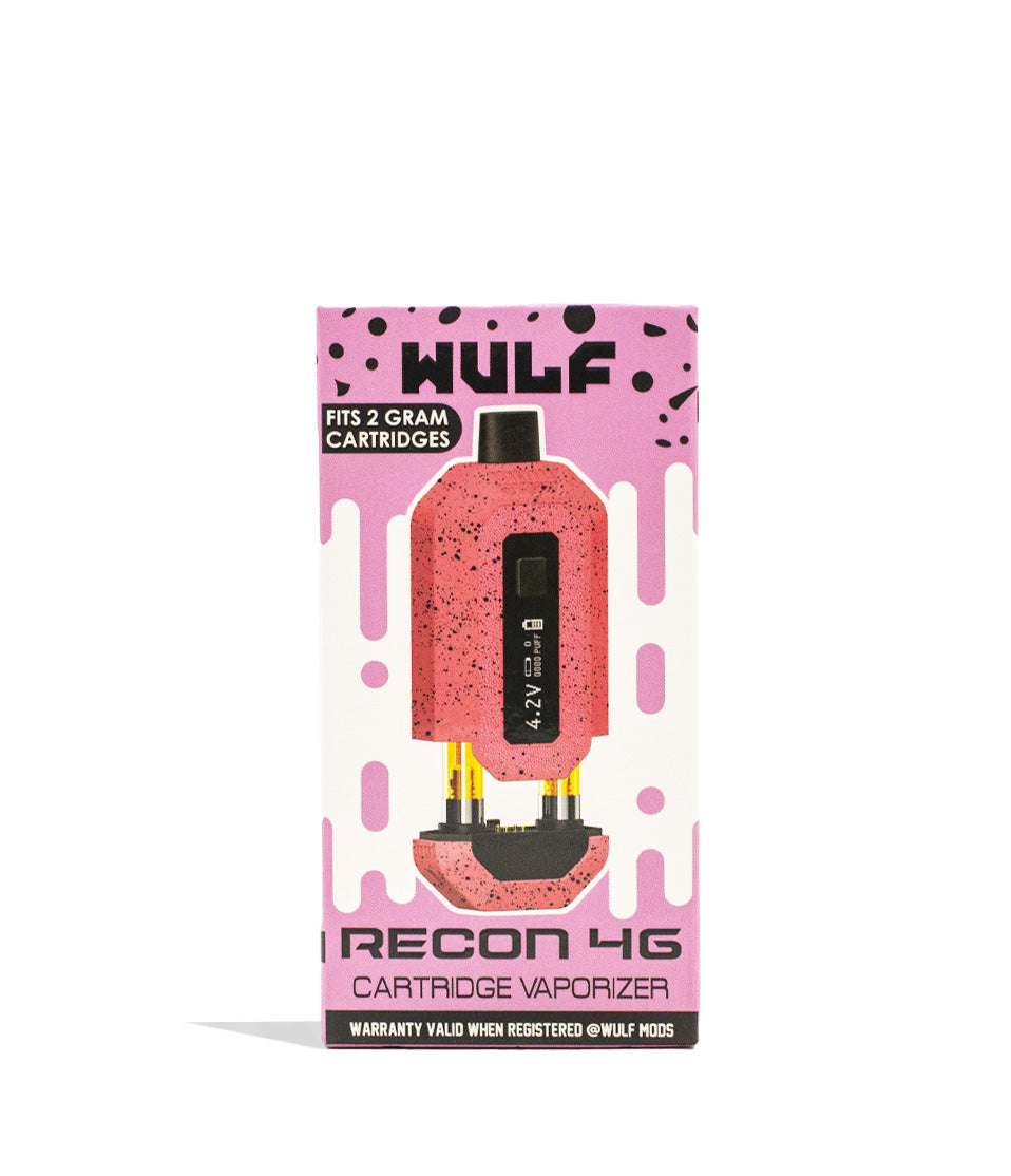 Pink Black Spatter Wulf Mods Recon 4g Dual 510 Thread Battery Packaging Front View on White Background
