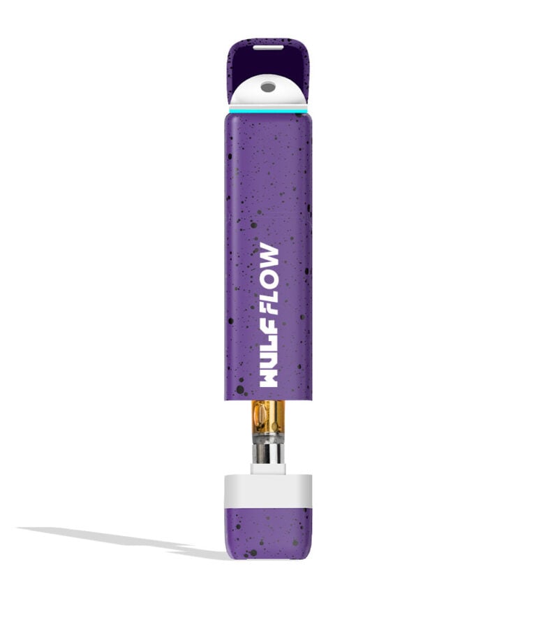 Purple Black Spatter Wulf Mods Flow Auto Flow 510 Voltage Battery front view with cart showing on white background