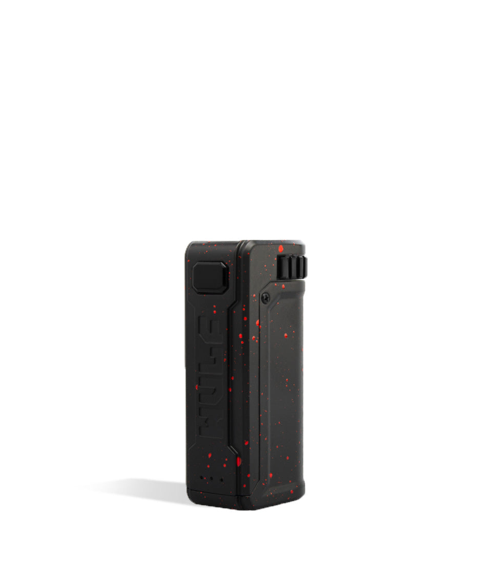 Black Red Spatter Wulf Mods UNI S Adjustable 510 Thread Battery Side View on White Background