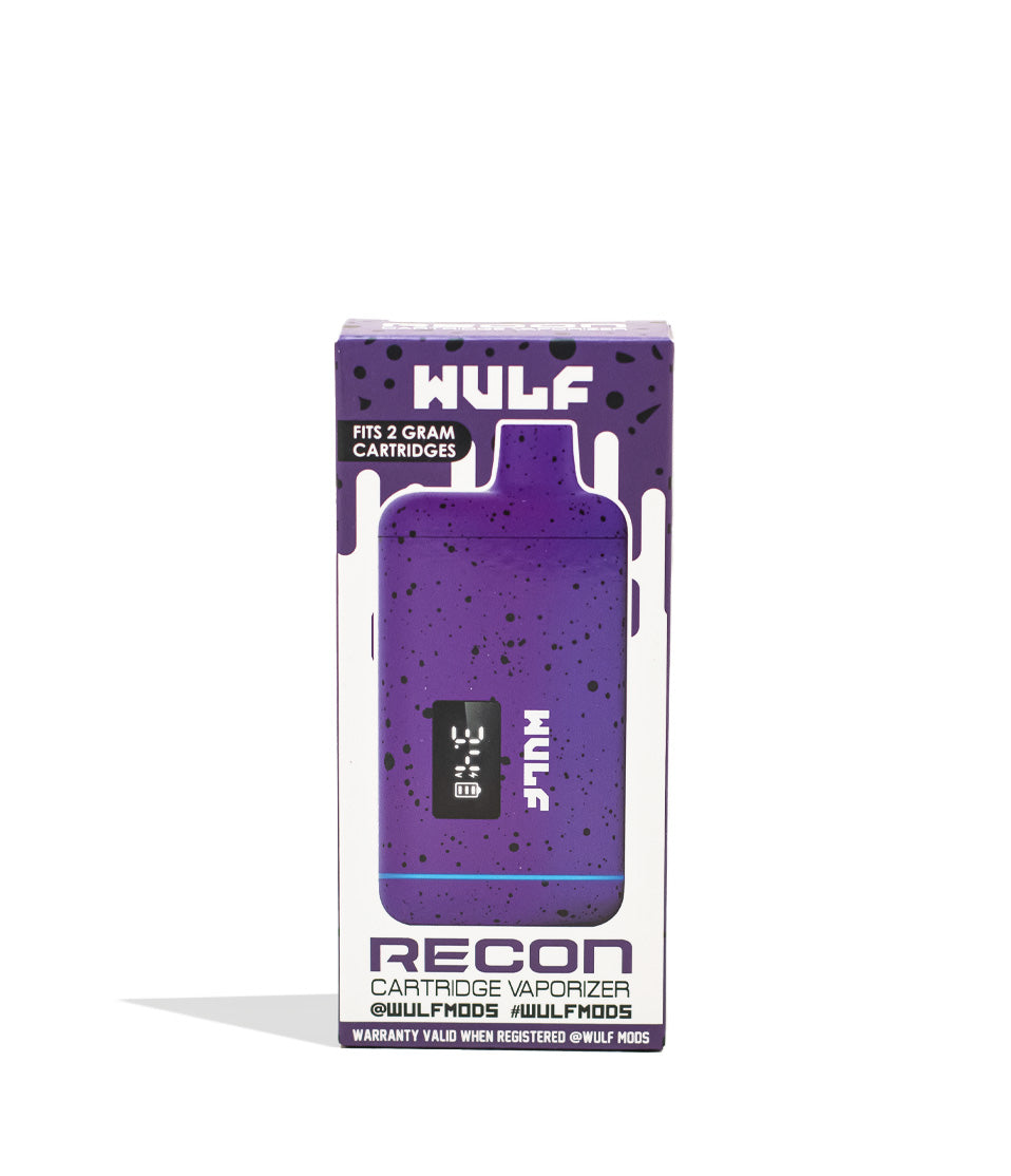 Purple Black Spatter Wulf Mods Recon 510 Thread Battery Packaging Front View on White Background