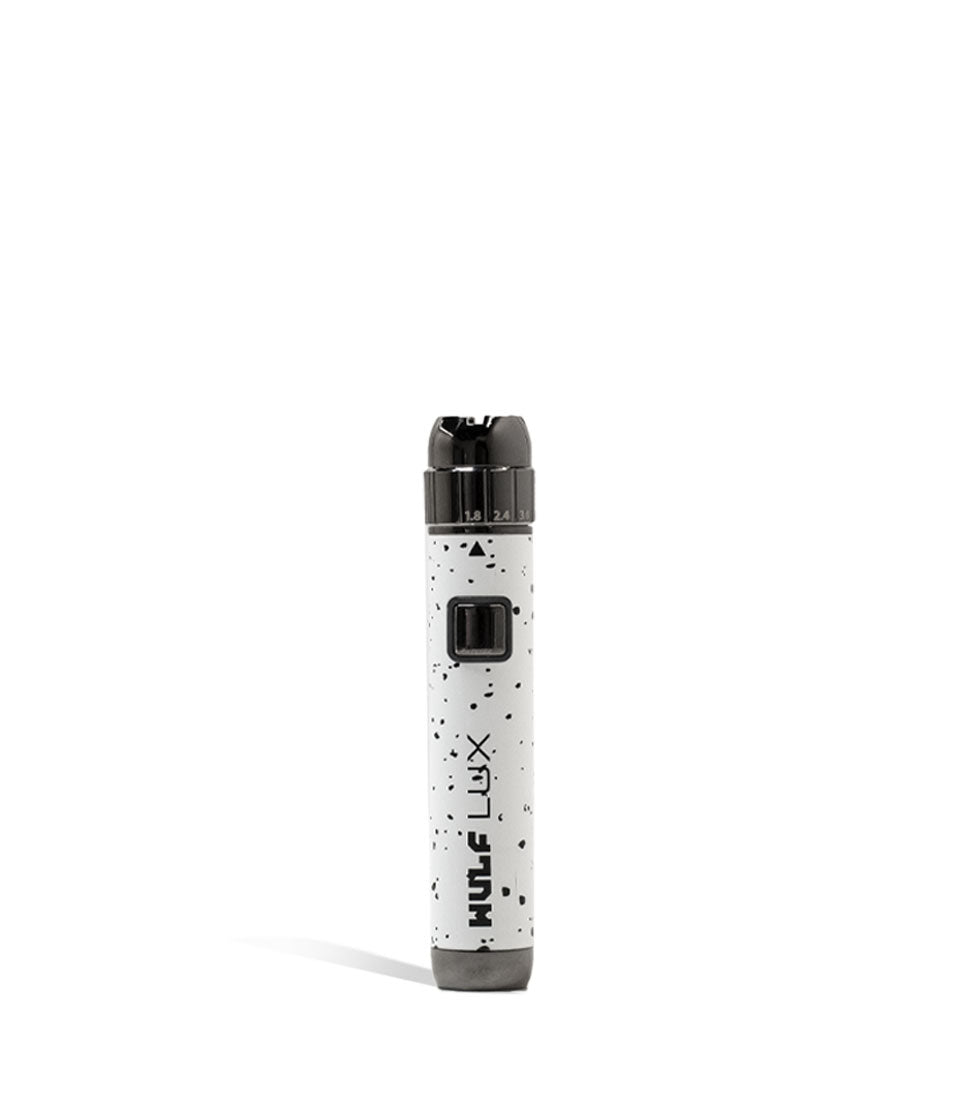 White Black Spatter Wulf Mods LUX 510 Thread Battery on white background