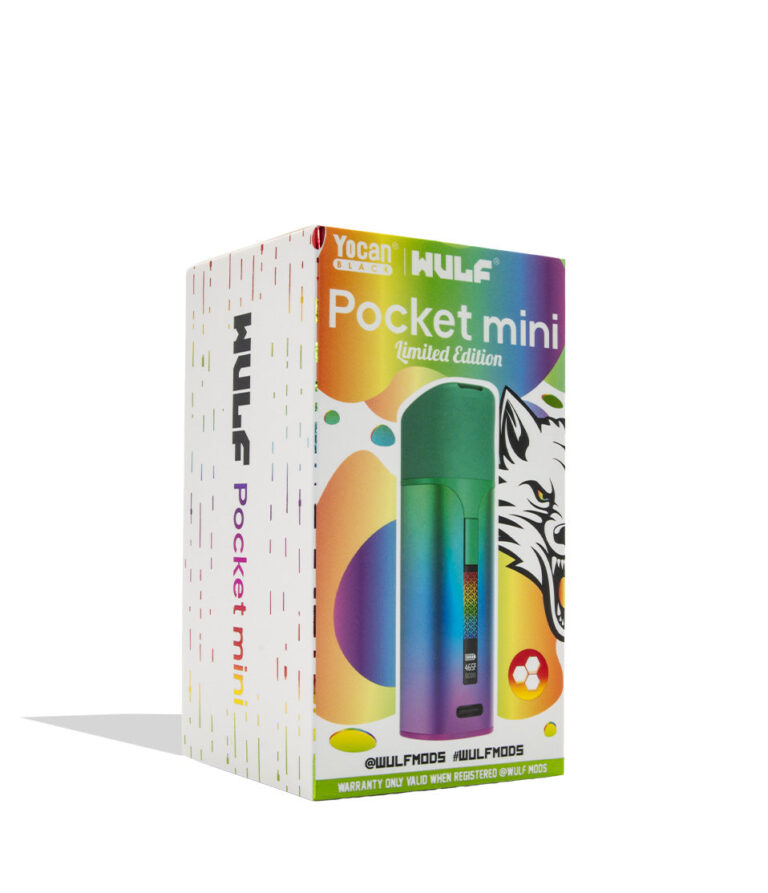 Yocan WULF Pocket Mini Limited Edition packaging box, featuring a colorful gradient vape device illustration on a white box with multicolored accents.