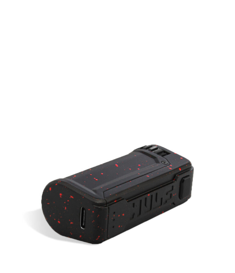 Black Red Spatter Wulf Mods UNI S Bottom View Adjustable 510 Thread Battery on White Background