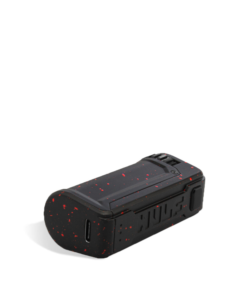 Black Red Spatter Wulf Mods UNI S Bottom View Adjustable 510 Thread Battery on White Background