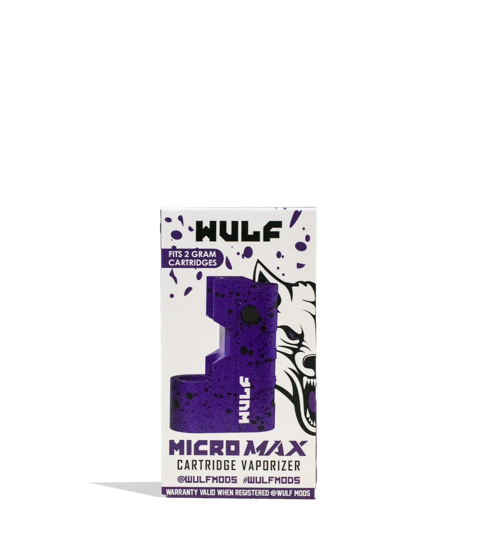 Purple Black Spatter packaging Wulf Mods Micro Max 2g 510 Thread Battery on white background