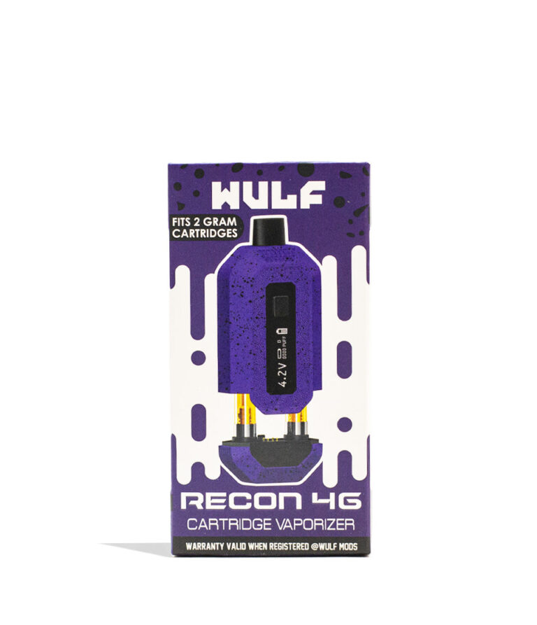 Purple Black Spatter Wulf Mods Recon 4g Dual 510 Thread Battery Packaging Front View on White Background