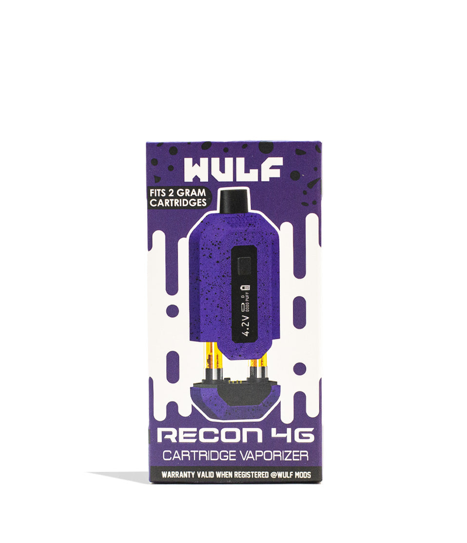 Purple Black Spatter Wulf Mods Recon 4g Dual 510 Thread Battery Packaging Front View on White Background