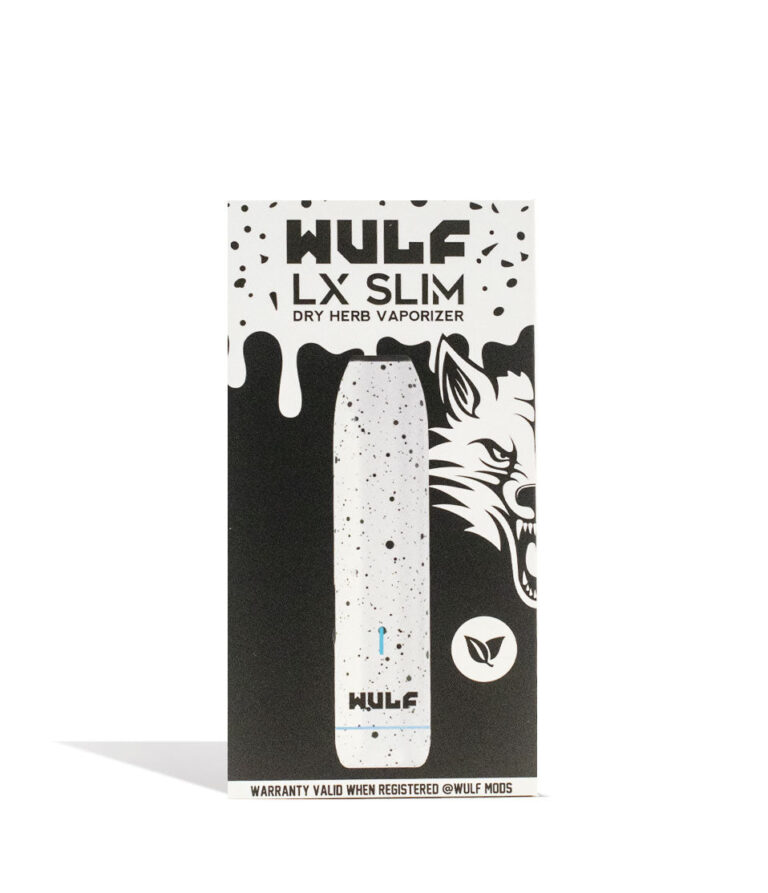 White Black Spatter packaging Wulf Mods LX Slim Portable Dry Herb Vaporizer on white background