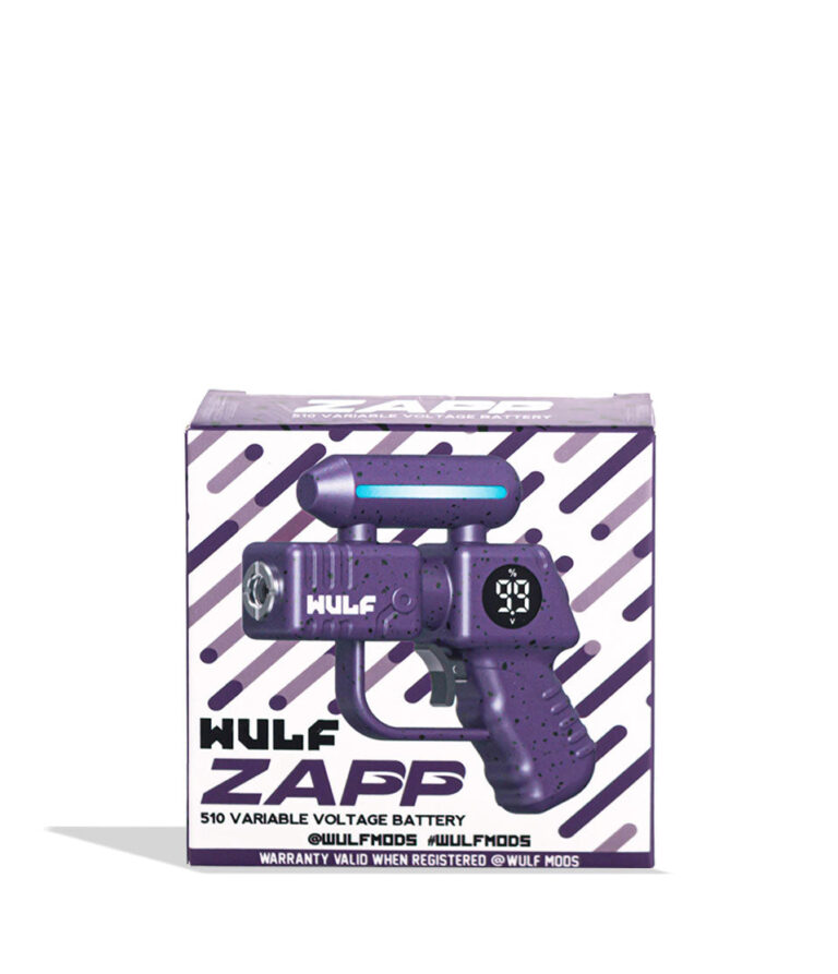 Purple Black Spatter Wulf Mods Zapp Variable Voltage Battery box on white background