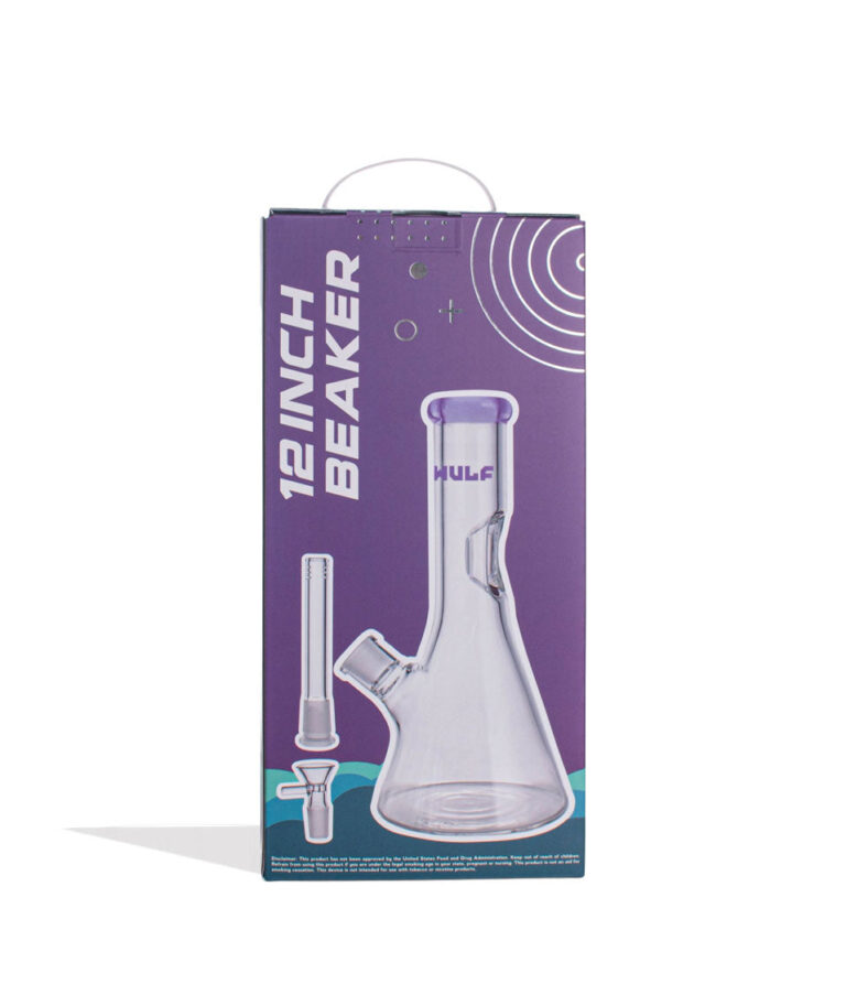 Purple Wulf Mods 7mm 12inch Beaker Water Pipe Packaging Back View on White Background