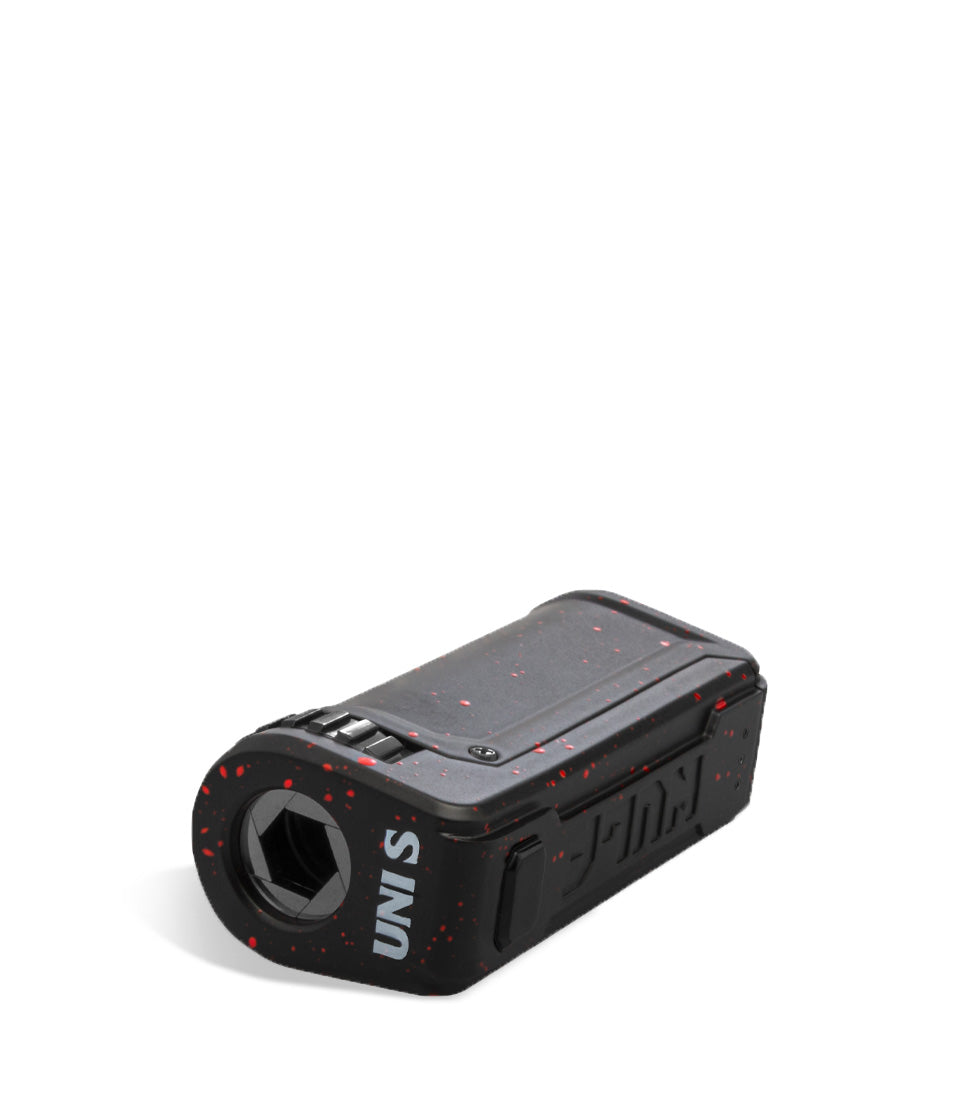 Black Red Spatter Wulf Mods UNI S Adjustable 510 Thread Battery Top View on White Background