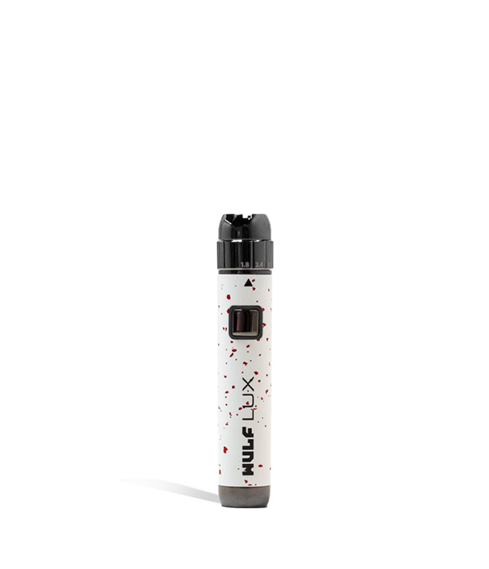 White Red Spatter Wulf Mods LUX 510 Thread Battery on white background