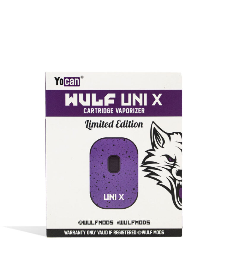 Purple Black Spatter packaging Wulf Mods UNI X 510 Thread Battery on white background
