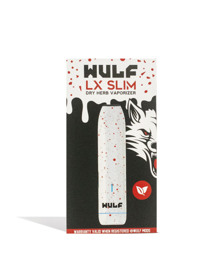 White Red Spatter packaging Wulf Mods LX Slim Portable Dry Herb Vaporizer on white background