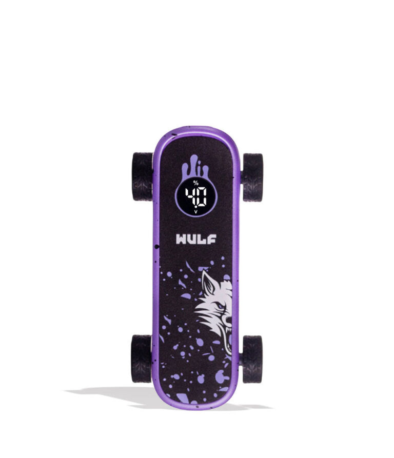 A purple and black WULF electric skateboard with a digital display screen and a wolf graphic on the deck, shown against a plain white background.