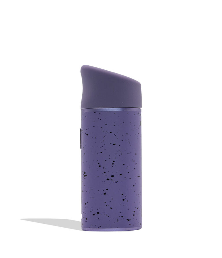 WULF MODS Pocket Mini portable concentrate vaporizer in purple with black spatter pattern details, featuring a vertical rainbow LED indicator light on the side, shown against a plain white background. Side view