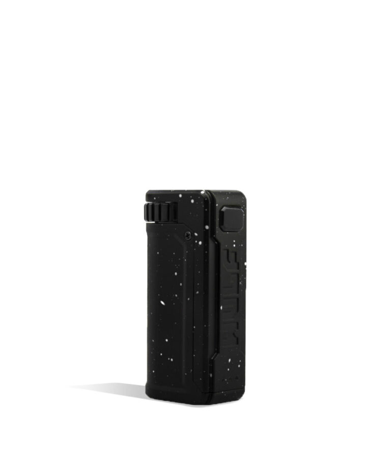 Black White Spatter Wulf Mods UNI S Adjustable 510 Thread Battery Front View on White Background