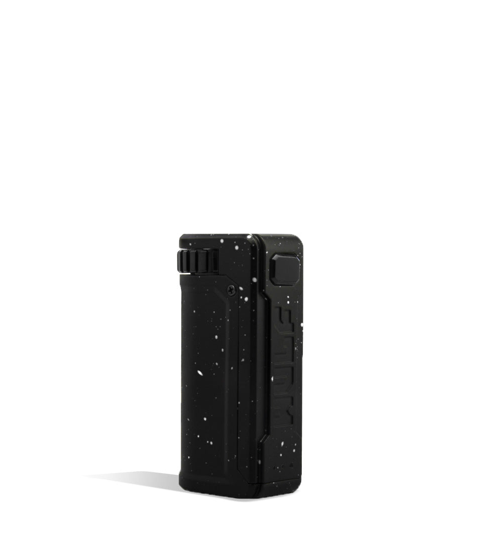 Black White Spatter Wulf Mods UNI S Adjustable 510 Thread Battery Front View on White Background