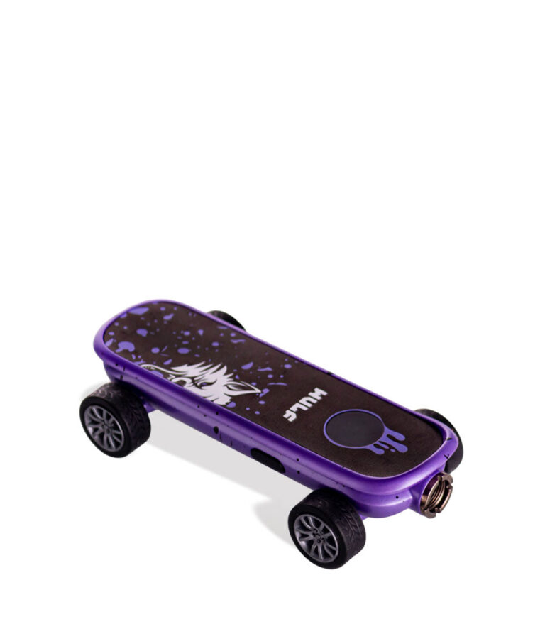 Purple Black Spatter Wulf Mods Deck Skateboard Voltage Battery Down View on White Background