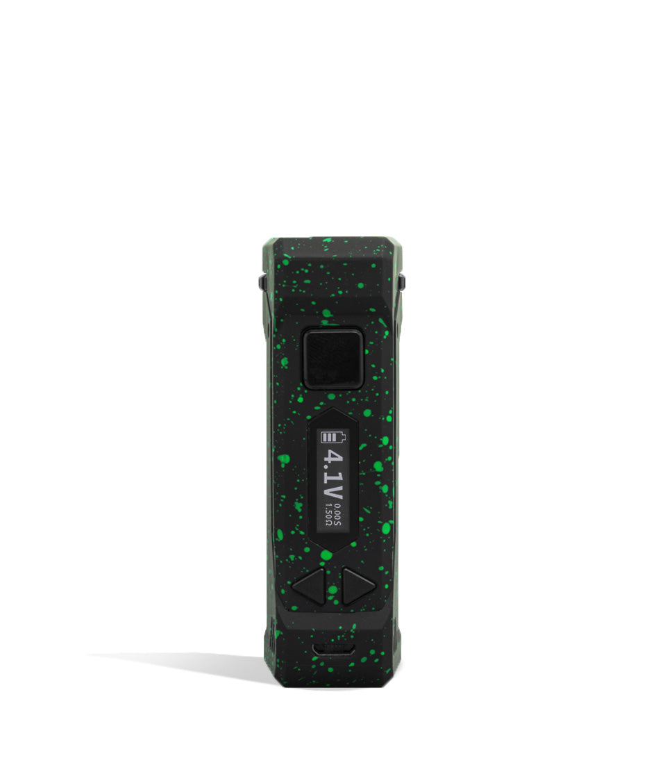 Black Green Spatter Wulf Mods UNI Pro Adjustable 510 Thread Battery Face View on White Background