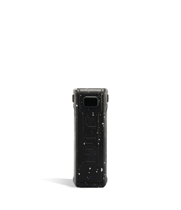 Black White Spatter Wulf Mods UNI S Face View Adjustable 510 Thread Battery on White Background