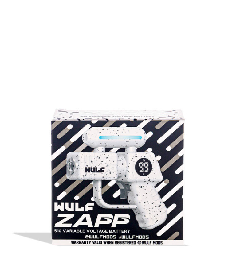 White Black Spatter Wulf Mods Zapp Variable Voltage Battery box on white background