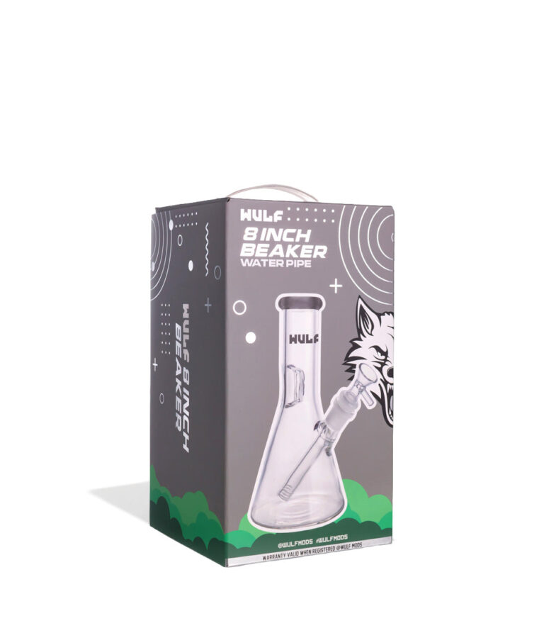 Smoke Wulf Mods 5mm 8inch Beaker Water Pipe Packaging Angle View on White Background