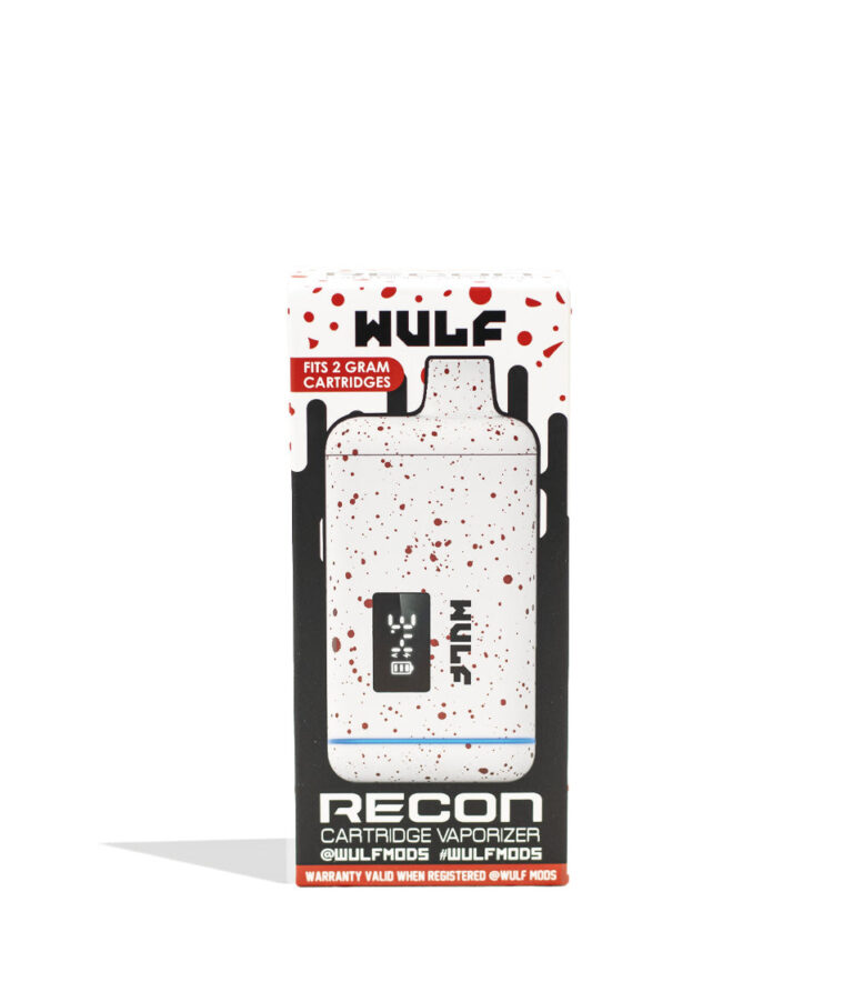 White Red Spatter Wulf Mods Recon 510 Thread Battery Packaging Front View on White Background