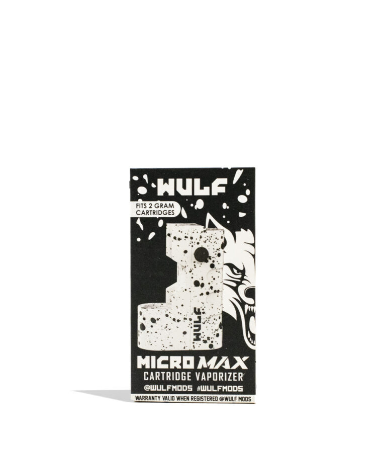 White black spatter packaging Wulf Mods Micro Max 2g 510 Thread Battery on white background
