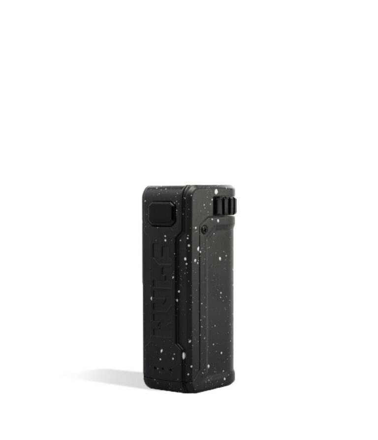 Black White Spatter Wulf Mods UNI S Adjustable 510 Thread Battery Side View on White Background