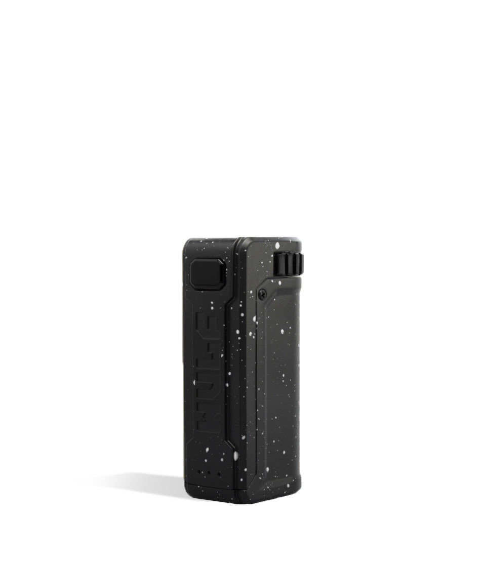 Black White Spatter Wulf Mods UNI S Adjustable 510 Thread Battery Side View on White Background