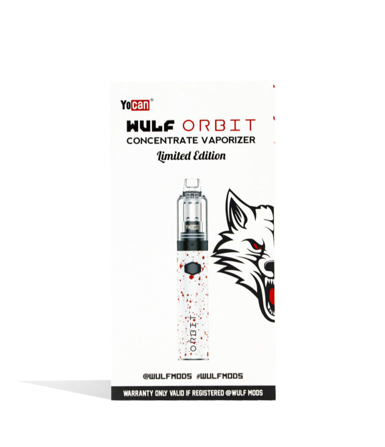 White Red Spatter packaging Wulf Mods Orbit Concentrate Vaporizer on white background